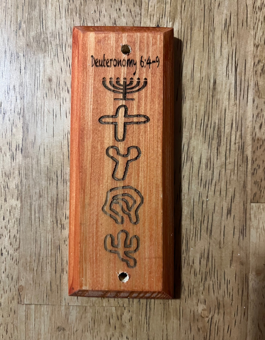 Brown Mezuzah with Menorah - Pictograph Hebrew